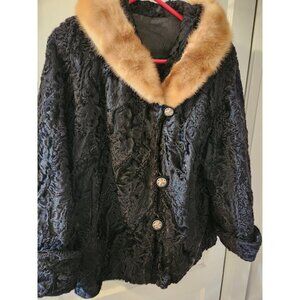 Vintage Lambs Wool Coat Tan Fur Collar Cuff Sleeves